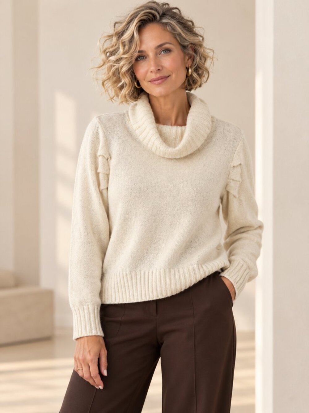 CABI Cream Oatmeal Cowl Neck Knit Sweater L Cotton Blend Quiet Luxury Cozy Chic